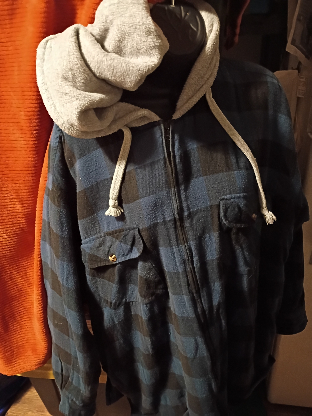 Vintage Blue and Black Plaid Hooded Shirt Jacket